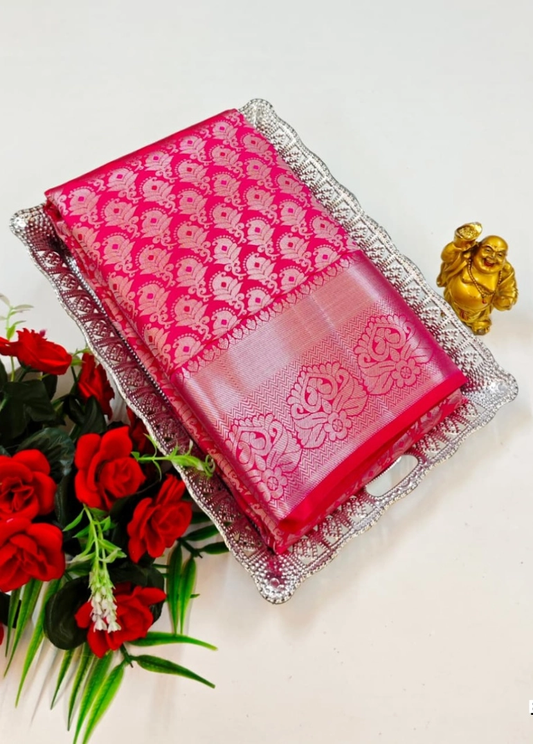 Bridal silk gold silvar and copper zari weave and wedding art silk sarees - ruby colour
